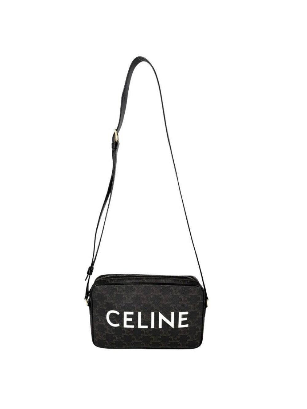 Celine Shoulder Bag Medium Logo Print Crossbody Leather Black Brown Gold